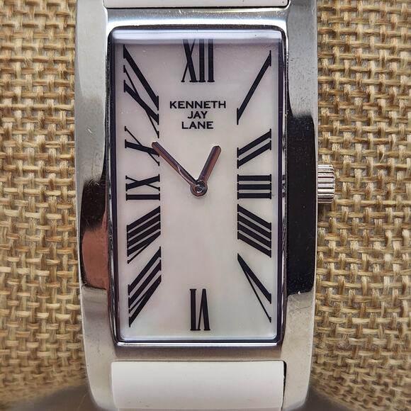 Kenneth Jay Lane Breakers Bangle Watch White Silicone Inlay Mother Of Pearl Dial - Picture 2 of 9